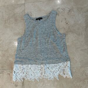 Generation Love gray linen tank white  lace trim, back tie up detail small